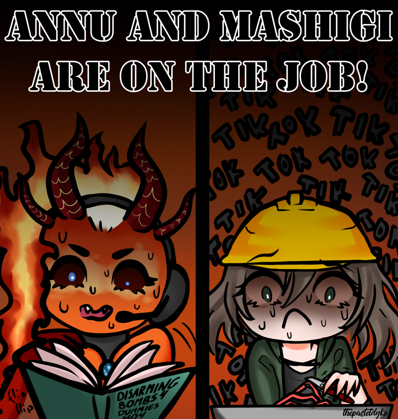 Chibi drawing of streamers OhHeckItsAnnu and Mashigi, Annu on the left is a fire sprite, wearing headphones with a mic, and is frantically flipping through a book that says 'disarming bombs for dummies 404'. Mashigi has long brown hair and a yellow hardhat, hand shaking as he's about to cut the wire of a bomb.